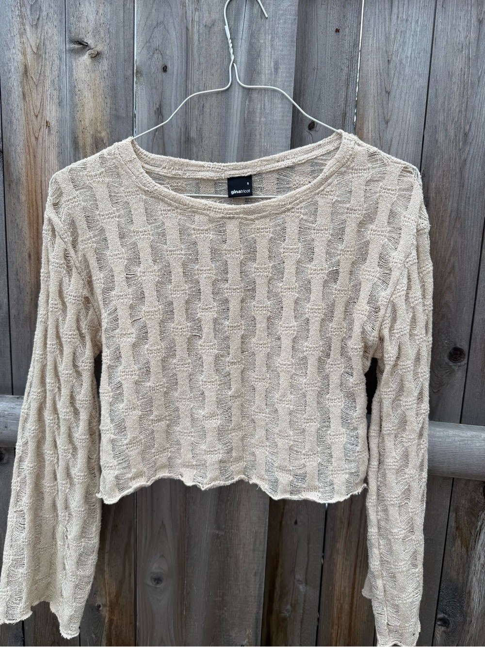 Gina Tricot Beige Textured Cropped Long Sleeve Top